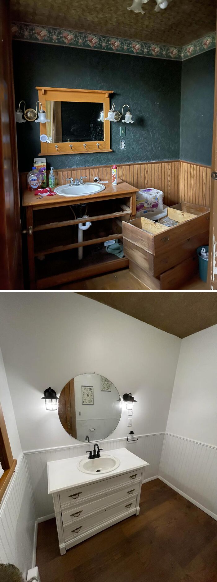Before and after bathroom renovation showing a modern white vanity with round mirror in a home renovation.