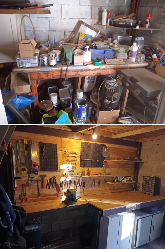 Before and after home renovation showing a cluttered workspace transformed into an organized, modern workshop area.