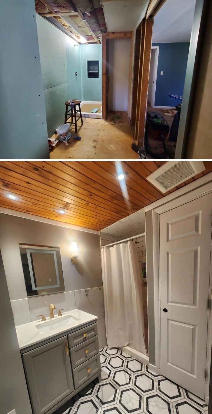 Before and after home renovation showing a bathroom transformation with updated flooring, vanity, and wood-paneled ceiling.