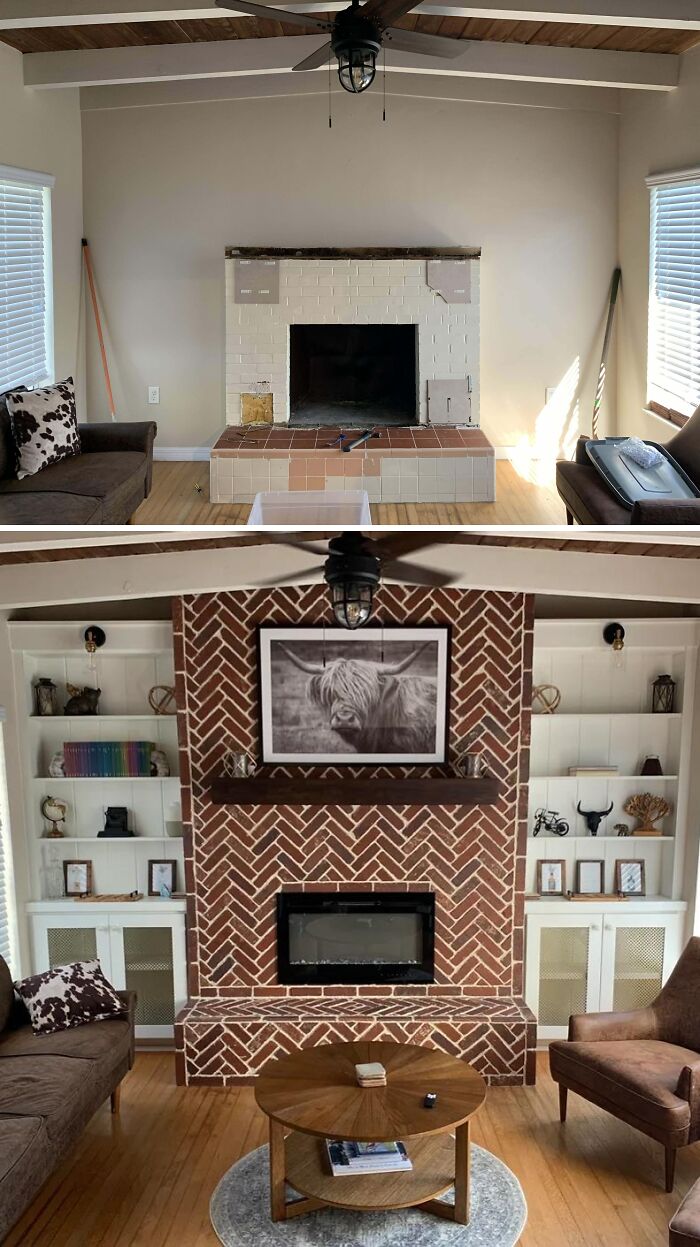 Living room fireplace before and after renovation with modern brickwork and built-in shelving showcasing home renovation transformation.