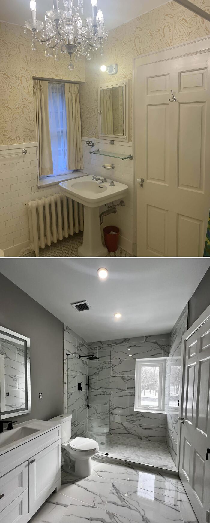 Before and after bathroom renovation showing a modern home renovation with sleek marble tiles and updated fixtures.