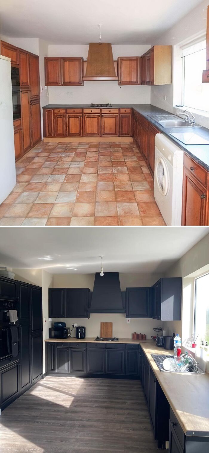 Before and after home renovation showing a kitchen transformation with updated cabinets and flooring improvements.