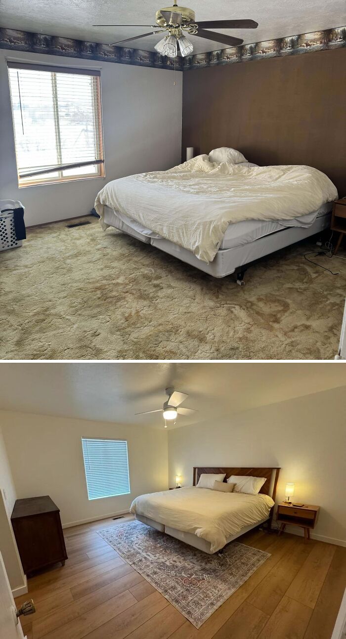 Before and after home renovation showing a transformed bedroom with modern flooring and updated decor.