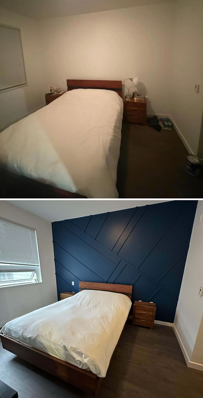 Before and after bedroom renovation showing a bold navy accent wall and modern flooring, highlighting home renovation success.