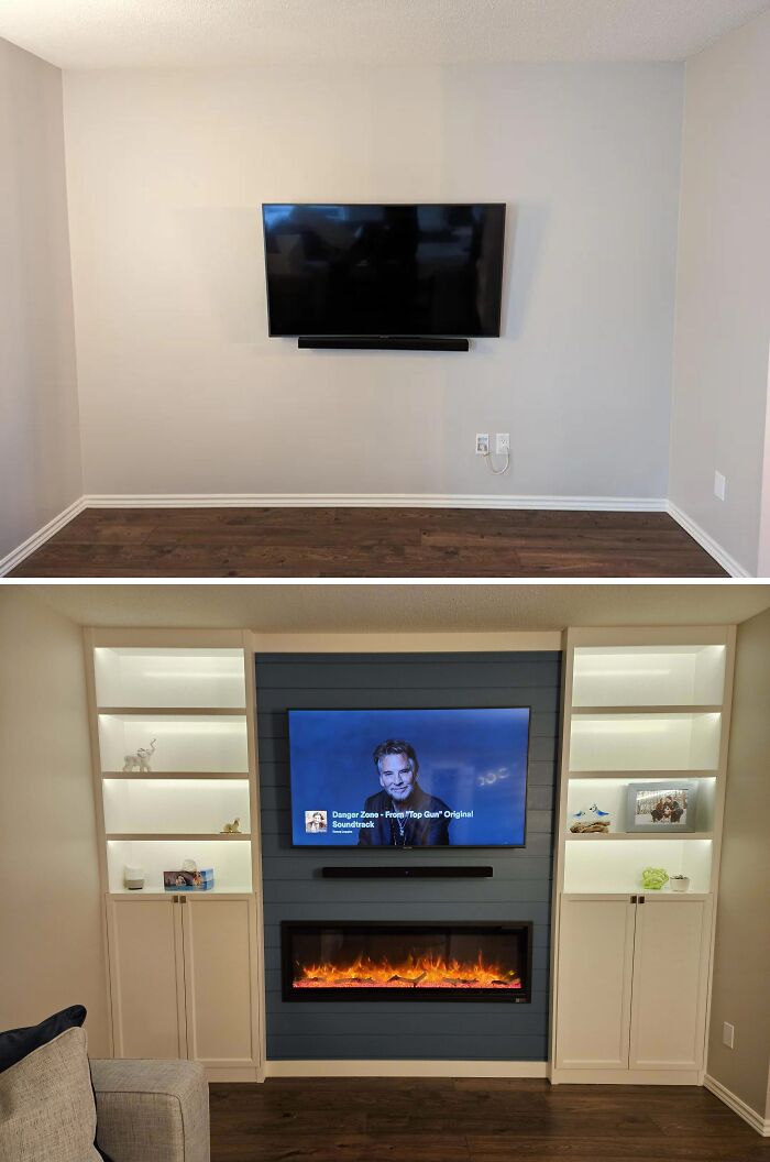 Home renovation showing a plain wall transformed with built-in shelving, TV mounted above an electric fireplace, and ambient lighting.