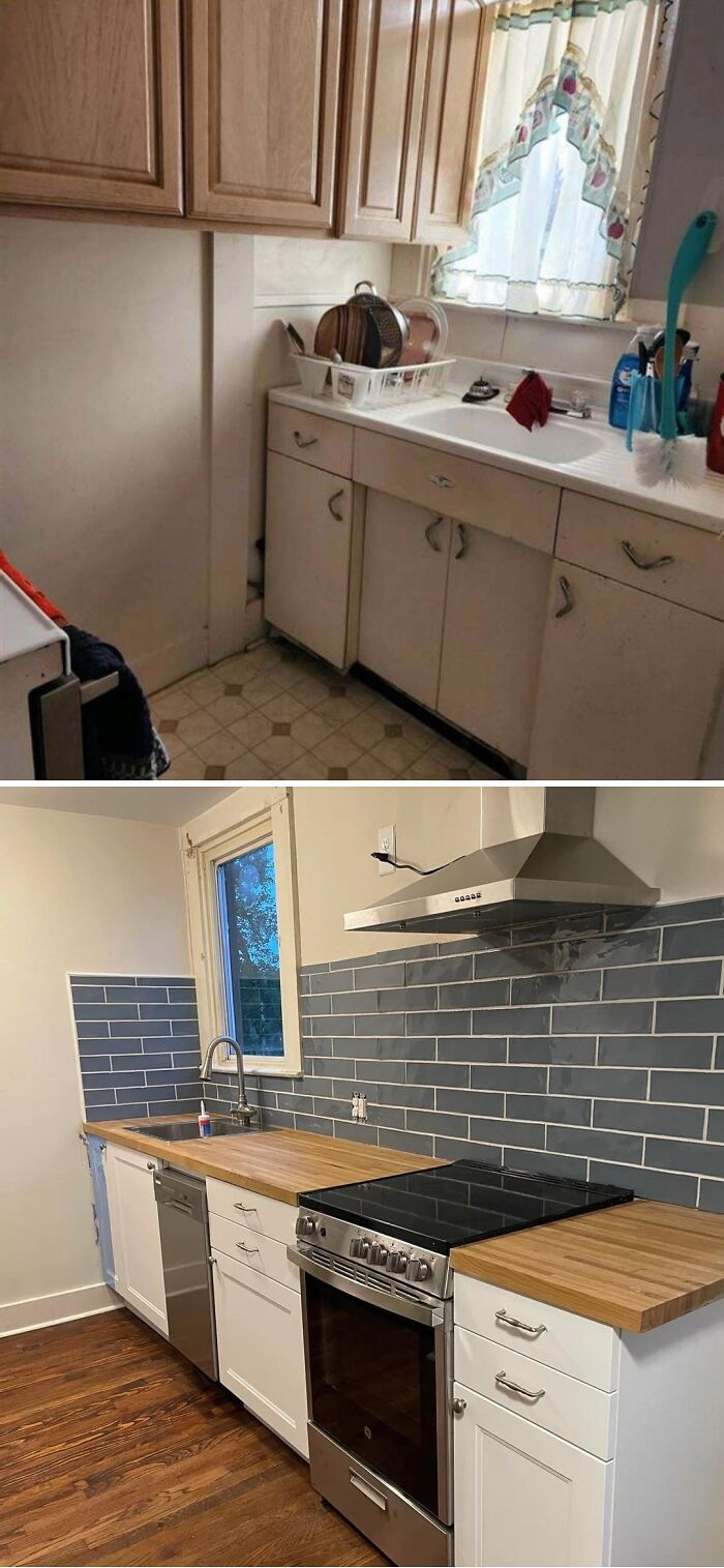Before and after home renovation showing a modern kitchen upgrade with new appliances, backsplash, and wooden countertops.