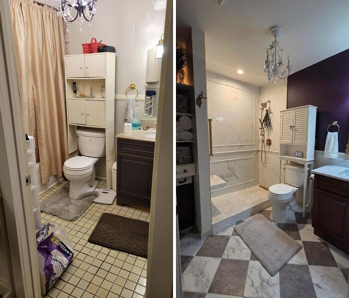 Before and after home renovation of a bathroom showcasing stylish and modern upgrades with elegant tiles and fixtures.