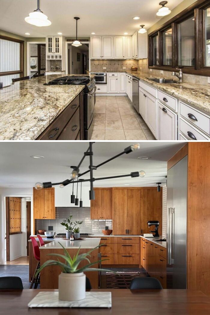 Before and after home renovation showing modern kitchen transformation with updated cabinetry and countertops.