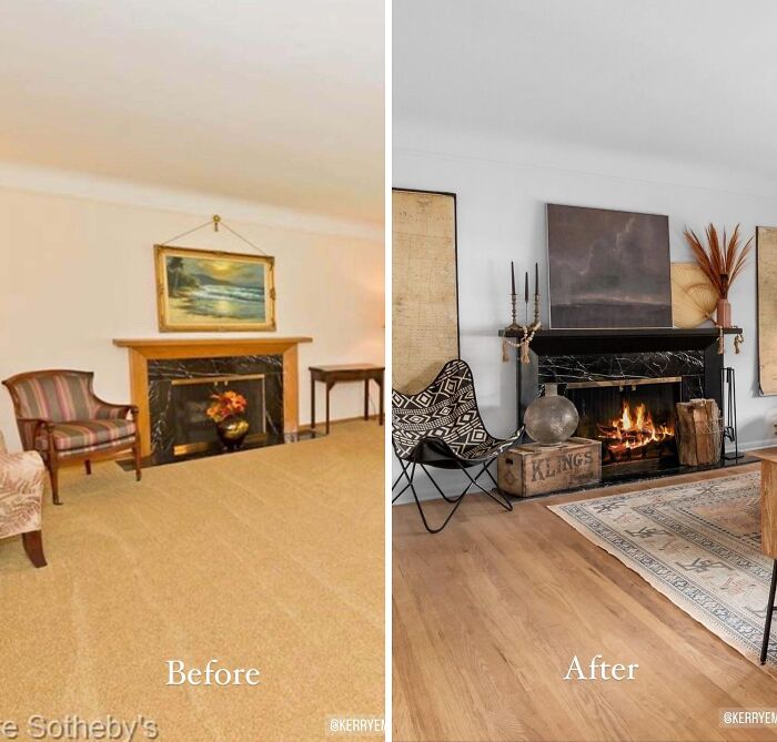 Living room before and after renovation showcasing home renovation ideas with updated fireplace and modern decor.