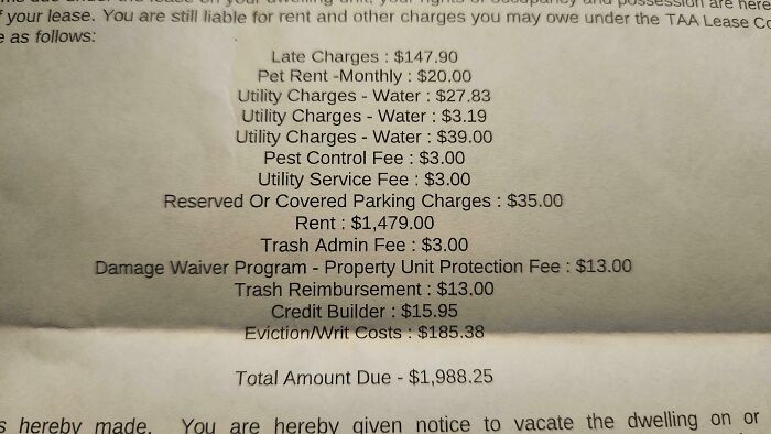 List of ridiculous fees on a rental statement including pest control, trash admin, and eviction costs totaling nearly $2,000.