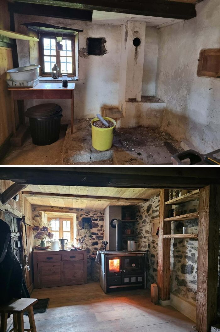 Before and after home renovation showing a rustic kitchen transformation with wood stove and stone walls.