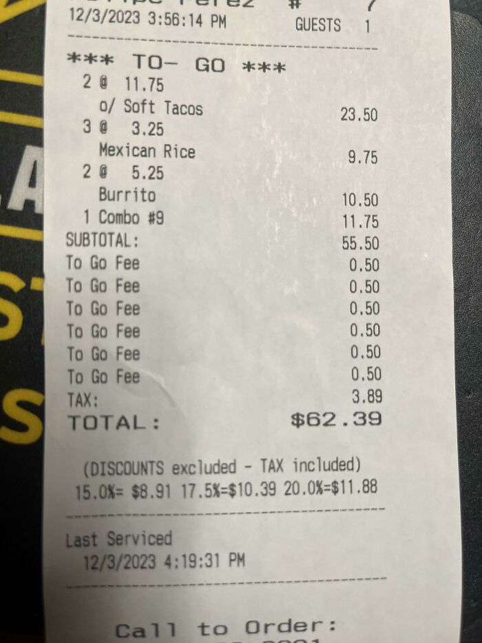 Receipt showing multiple to-go fees added separately, highlighting ridiculous fees people had every right to be mad about.