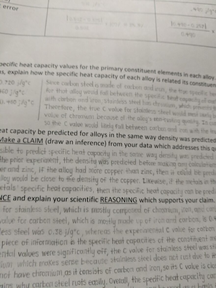 Handwritten scientific notes demonstrating perfect handwriting examples with clear and legible text on heat capacity concepts.