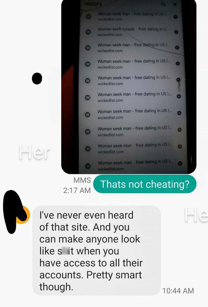 Text message exchange showing relationship exhaustion with accusations and defense about cheating and online dating sites.