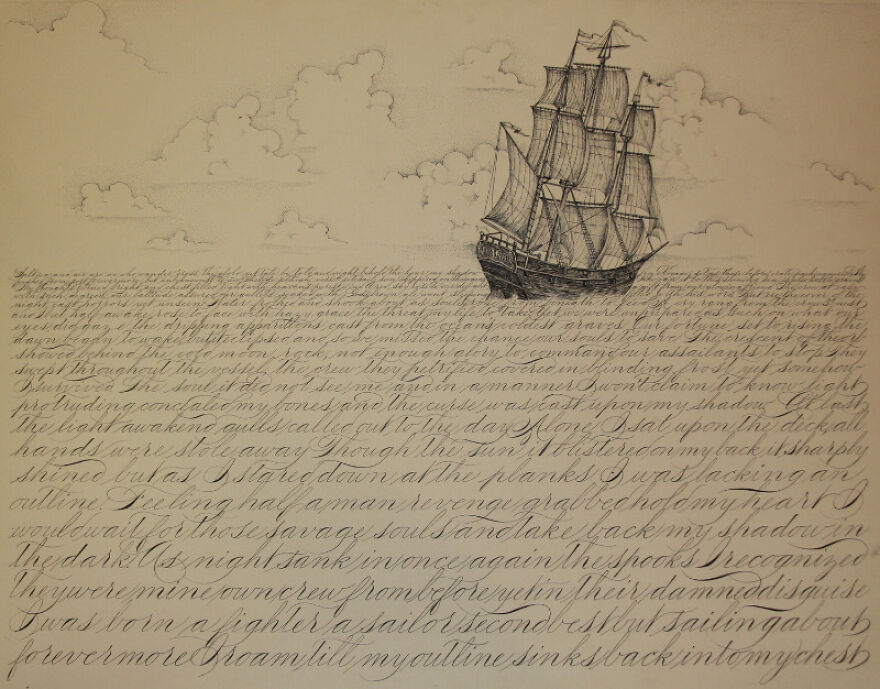 Detailed drawing of a sailing ship over a sea of perfect handwriting examples showcasing artistic penmanship skills.