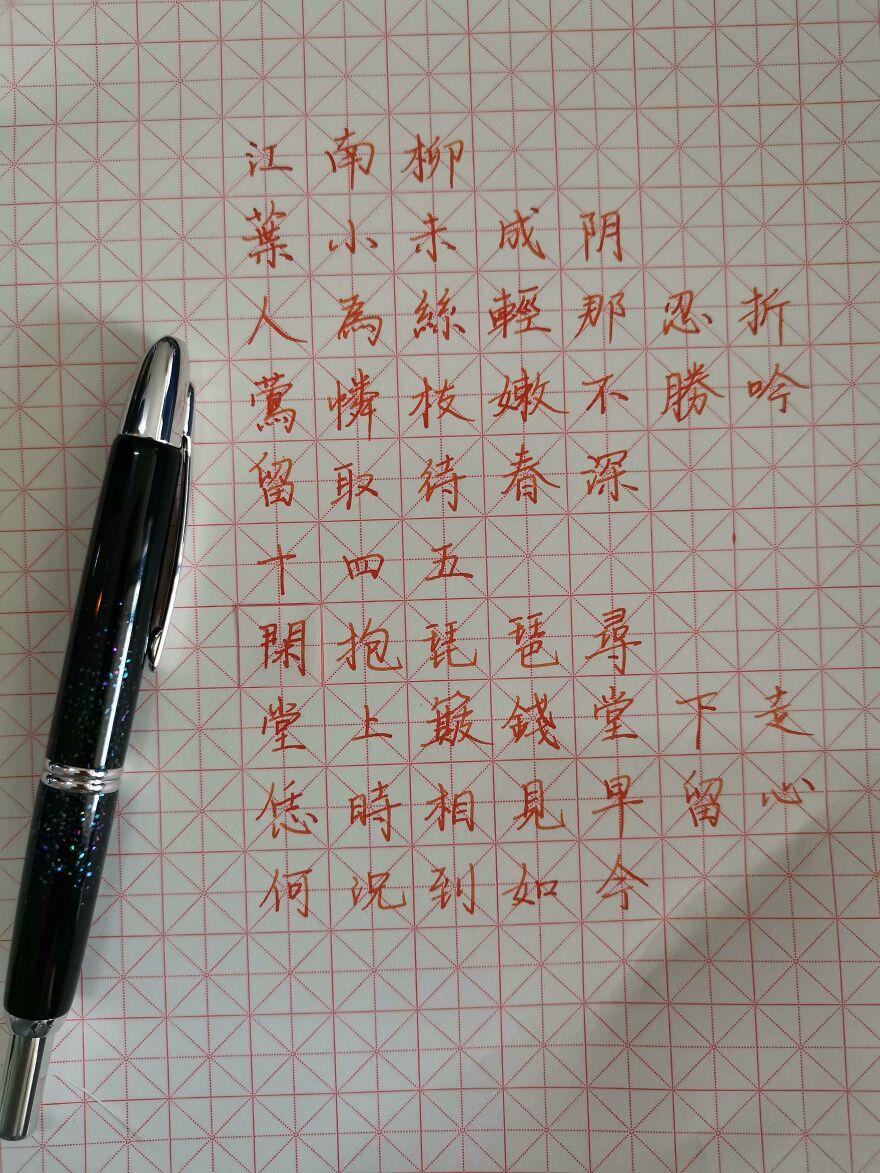 Neatly written Chinese characters on grid paper showcasing perfect handwriting examples with a black and silver pen beside the text.