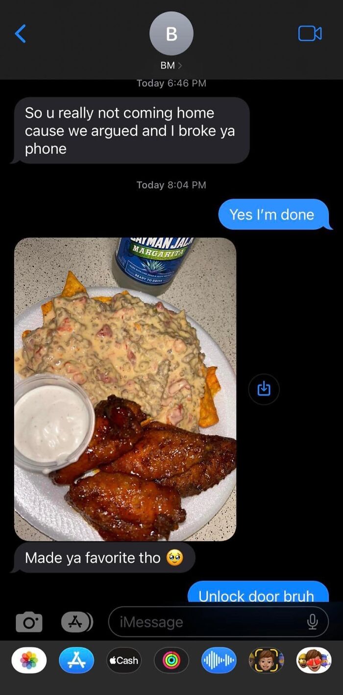 Text conversation showing a tense relationship with an apology and favorite food, highlighting exhausting relationship moments.