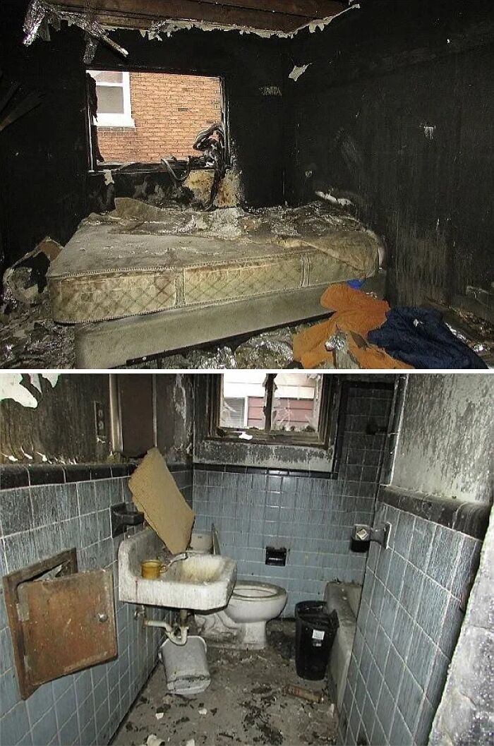 Burned bedroom with damaged mattress and bathroom with dirty fixtures showing unhinged real estate listings lacking taste.
