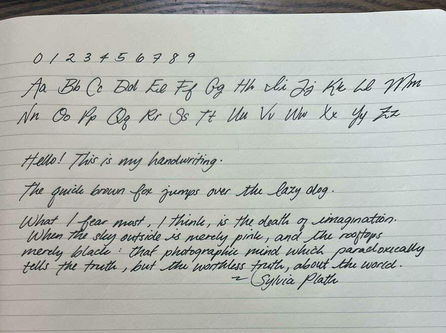 Neat and perfect handwriting examples showing alphabet, numbers, and cursive writing on lined paper.