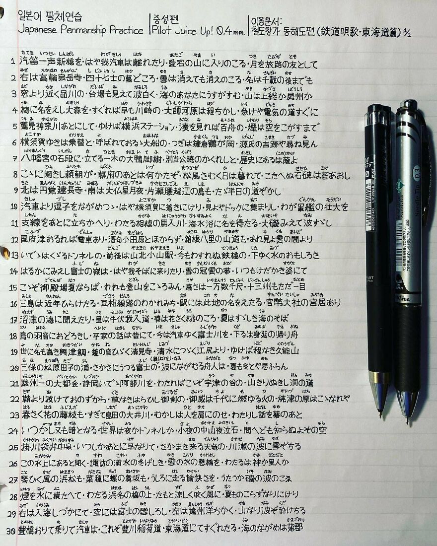 Handwritten Japanese text practice with Pilot Juice Up 0.4 mm pens showcasing perfect handwriting examples.