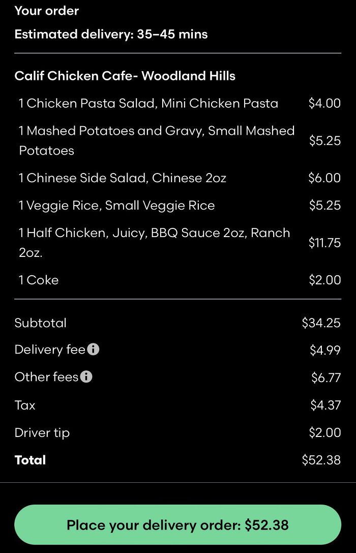 Order receipt showing multiple food items with delivery fee and other fees contributing to a high total bill amount.