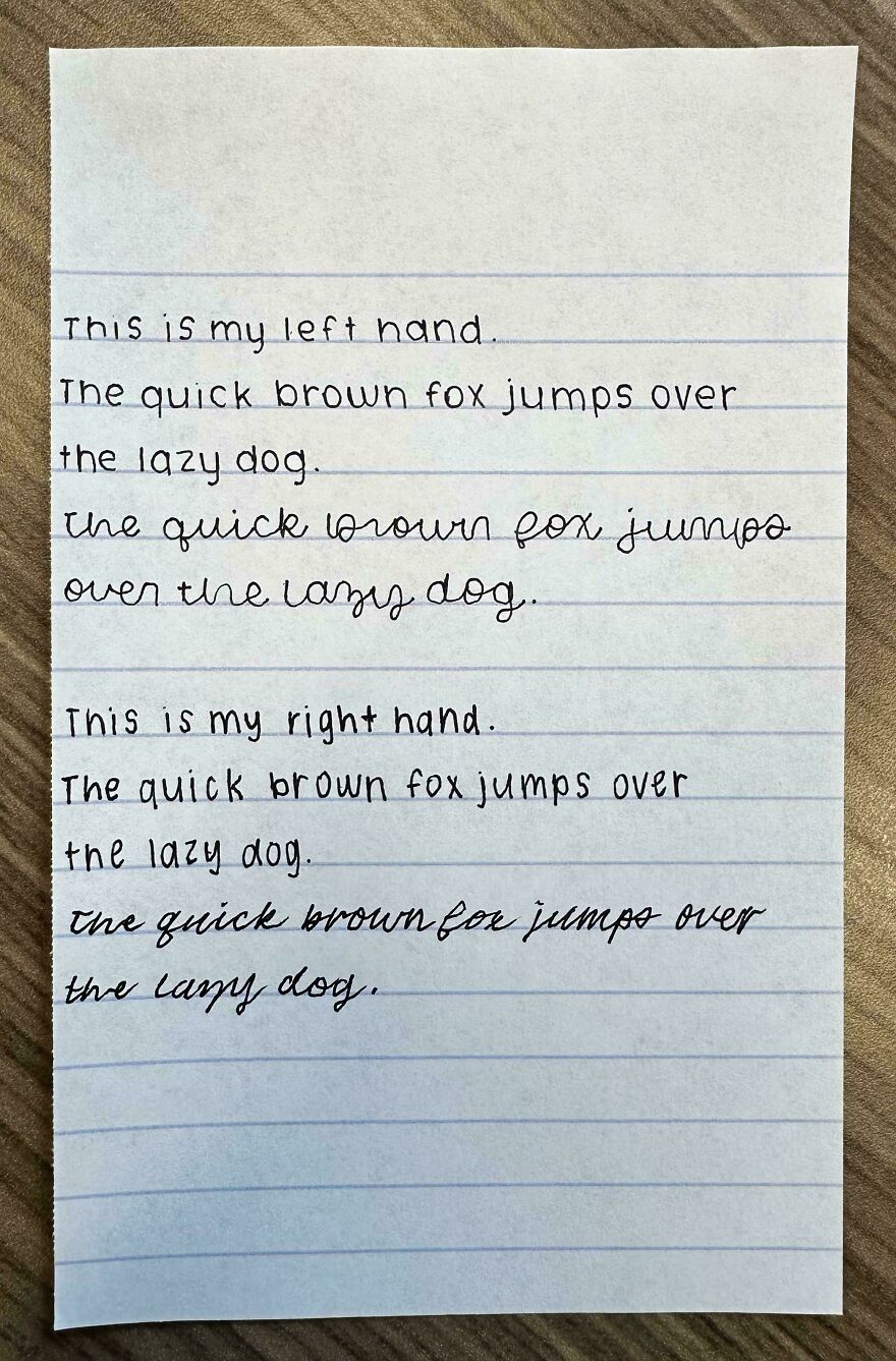 Neat handwriting examples showing left and right hand print and cursive writing on lined paper.