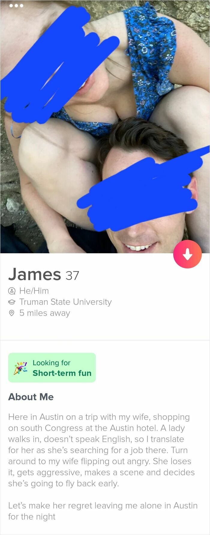 Man in a Tinder dating profile photo showing a complicated relationship moment illustrating exhausting relationship dynamics.