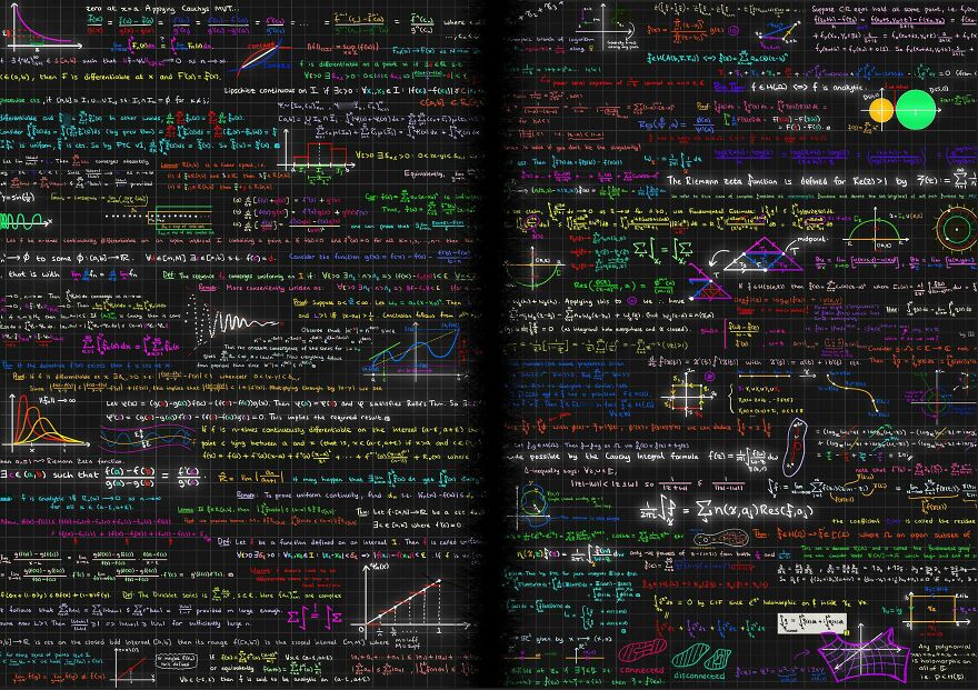 Colorful, neatly written math formulas and graphs on dark grid paper showcasing perfect handwriting examples.