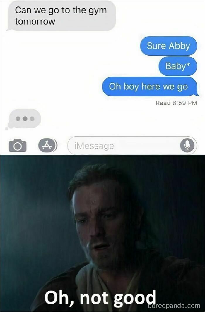 Text message exchange about going to the gym followed by a man in rain with caption showing exhausting relationship struggles.