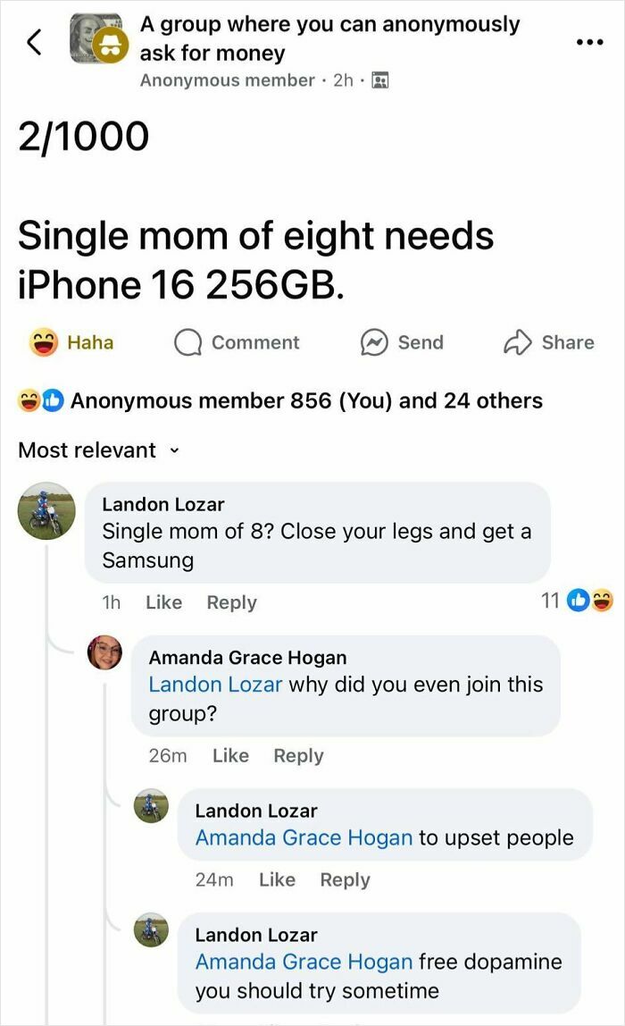 Screenshot of social media comments showing entitled single moms asking for free iPhone 16 256GB in money request group.