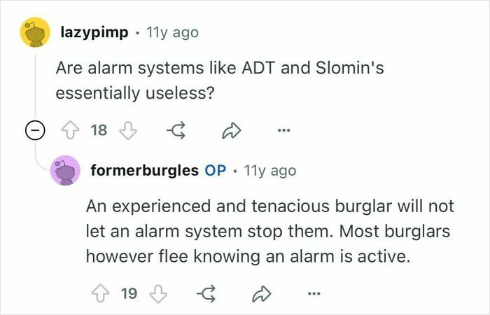 Screenshot of an online discussion where former burglars share insights on alarm systems and target selection.