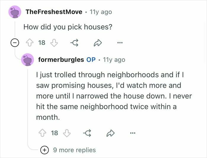 Reddit conversation showing a former burglar explaining how they chose burglary targets in neighborhoods.