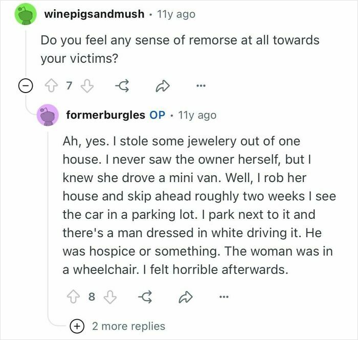 Reddit conversation showing a former burglar sharing a story about choosing targets and feelings afterward.