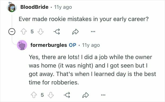 Reddit conversation screenshot showing a former burglar sharing how they chose targets and avoided getting caught.