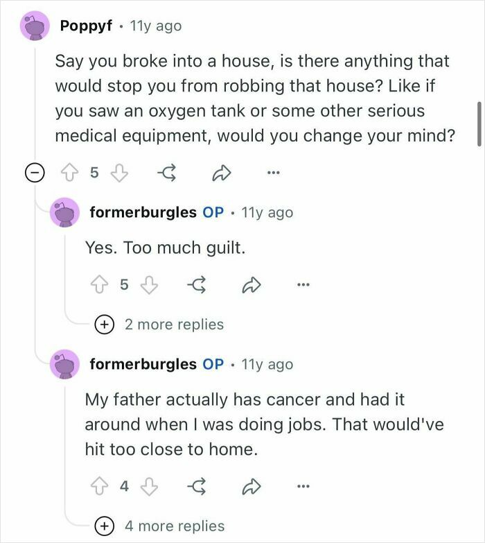 Screenshot of a conversation where former burglars discuss guilt and personal reasons that kept them from targeting certain houses.
