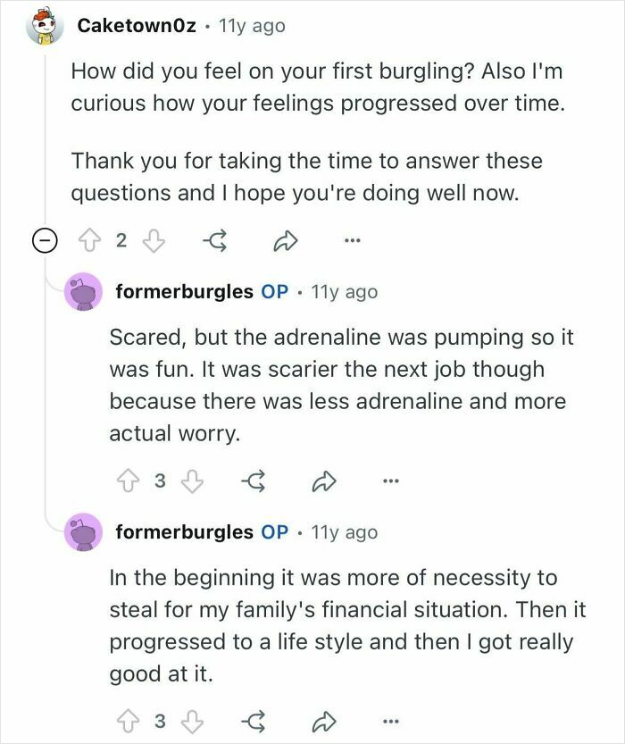 Screenshot of an online conversation where former burglars share feelings and motivations behind their first burglaries and target choices.