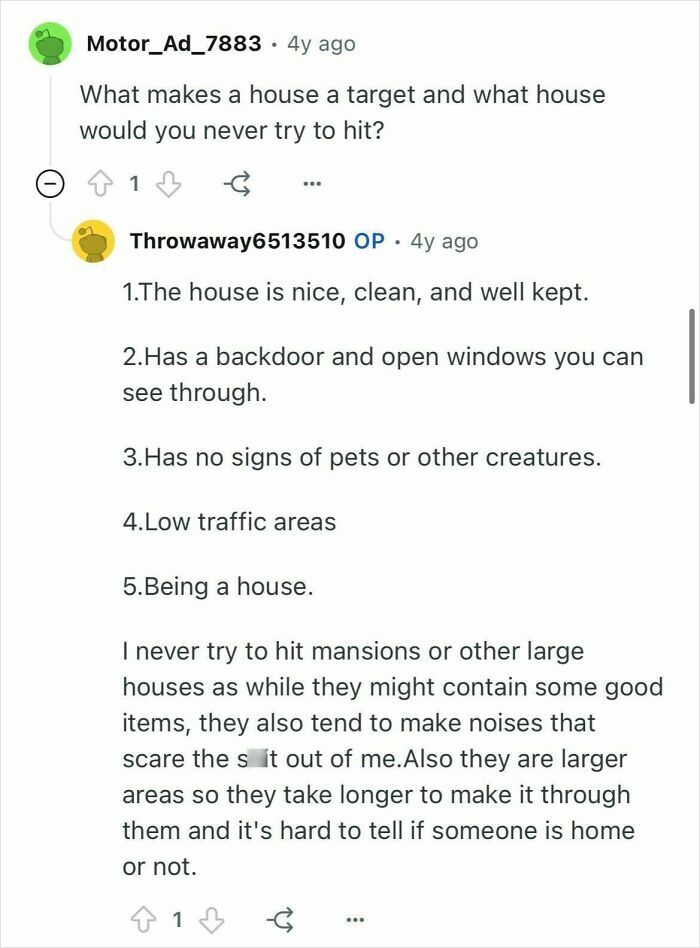 Screenshot of a discussion on how former burglars choose targets, mentioning house features that attract or deter them.
