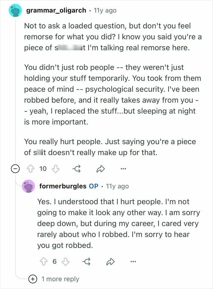 Reddit conversation between former burglars discussing remorse, target selection, and the impact of burglary on psychological security.