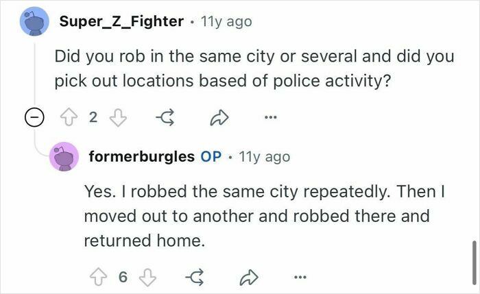 Screenshot of a Reddit conversation where a former burglar explains choosing targets based on city and police activity.