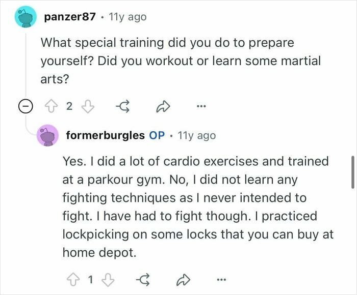 Reddit exchange where a former burglar explains training with cardio and lockpicking as tips on how targets are chosen and avoided.