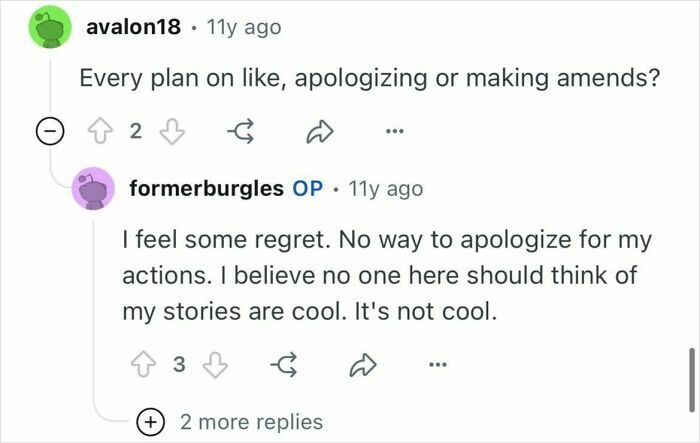 Screenshot of a conversation where a former burglar expresses regret and discusses their past actions and stories.