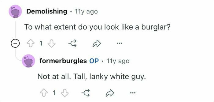 Screenshot of an online discussion where a former burglar describes his appearance when asked about looking like a burglar.