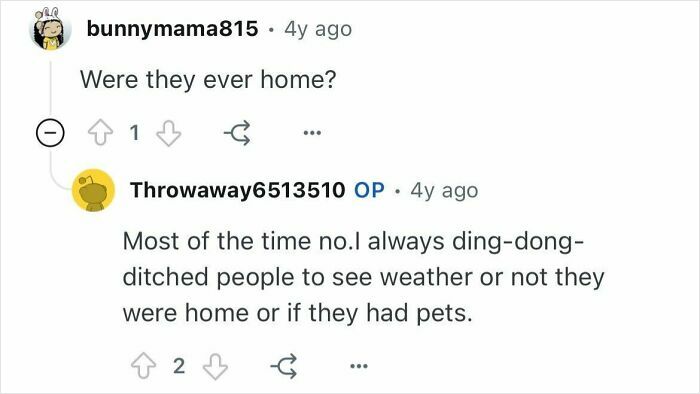 Screenshot of a conversation about how former burglars choose targets by checking if people are home or have pets.