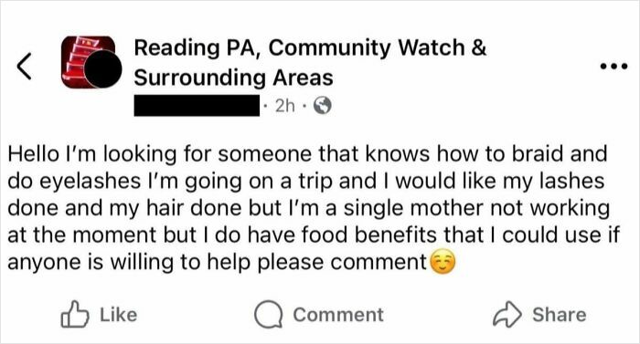 Social media post from entitled single mom asking for free hair and eyelash services while on food benefits.