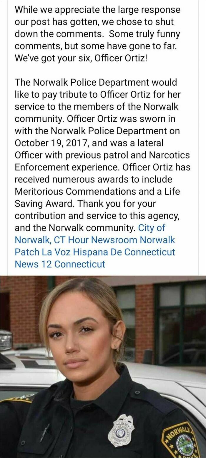 Text tribute to Officer Ortiz's service and a policewoman in uniform standing by a car, highlighting exhausting relationships.
