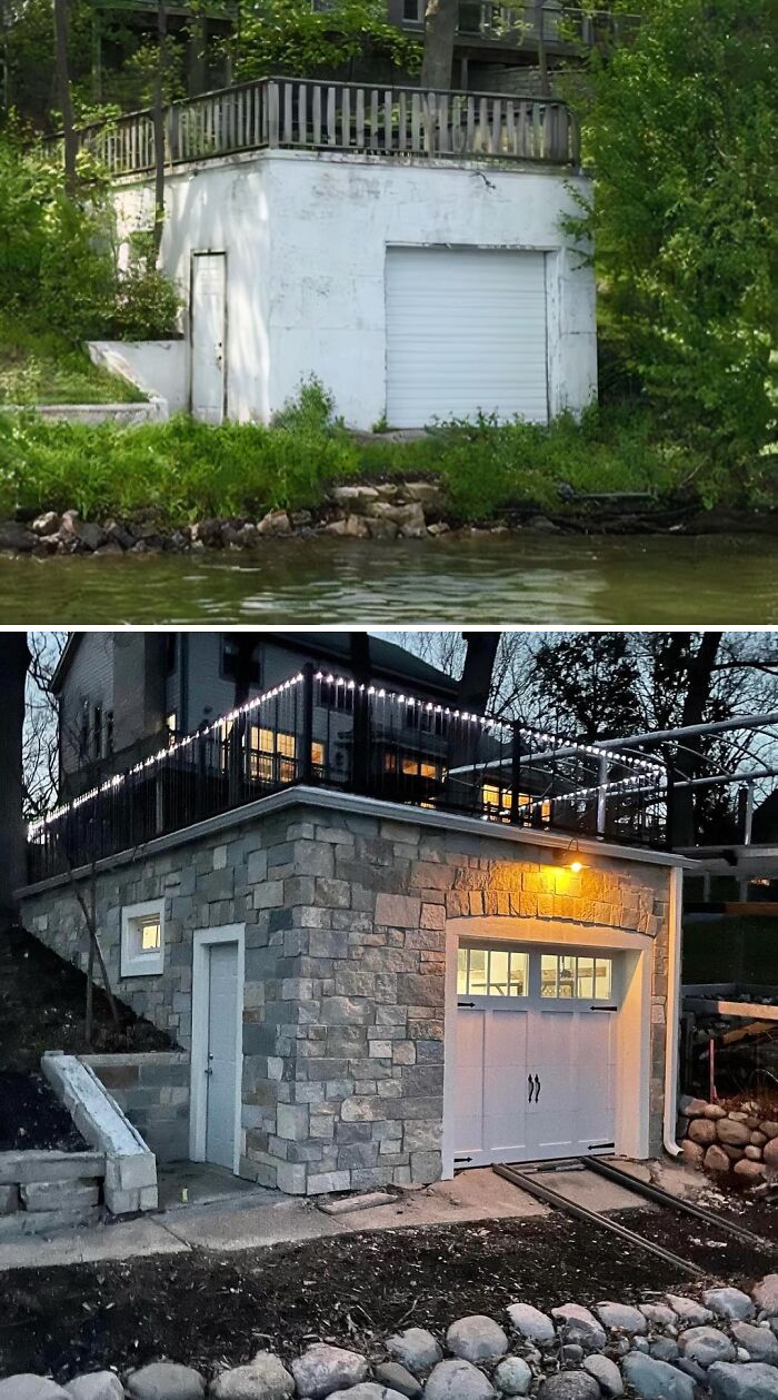 Before and after images of a home renovation featuring a stone garage with decorative lighting and a wooden deck.