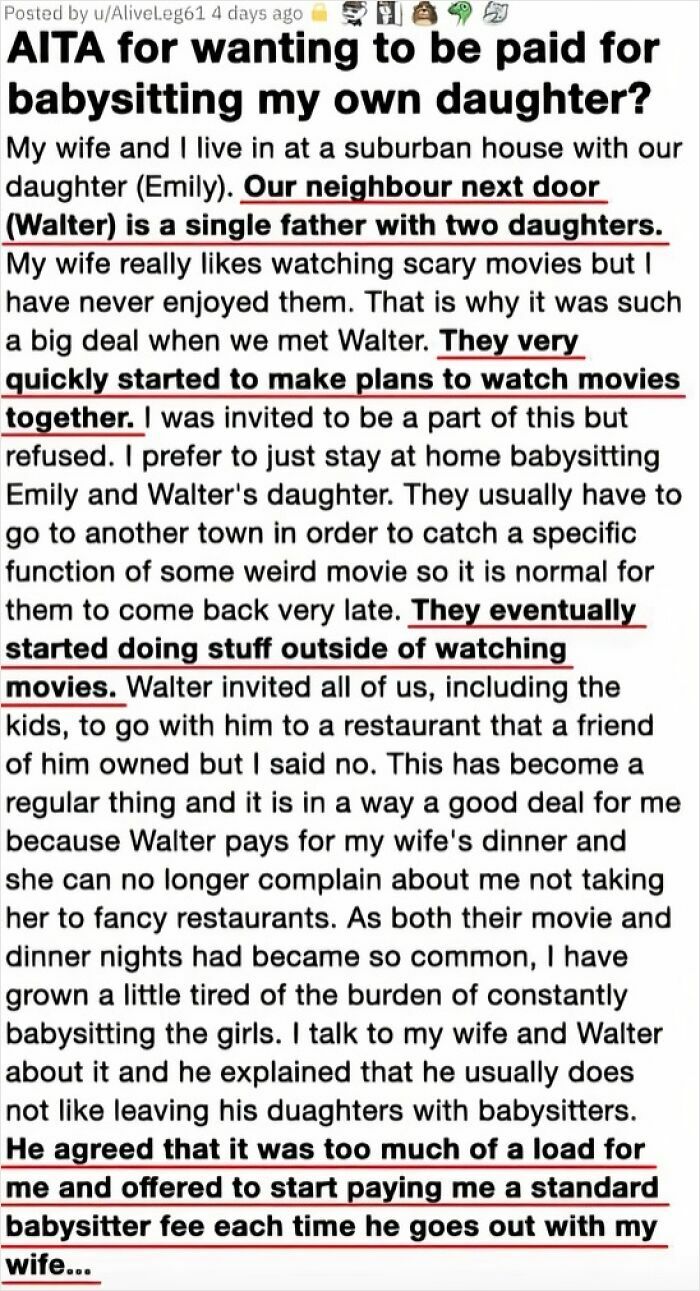 Text post asking if it's wrong to be paid for babysitting own daughter, showing relationship challenges and negotiation for babysitting fee.