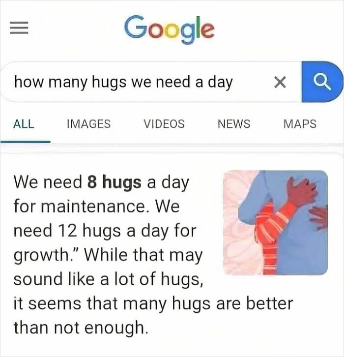 Google search result showing daily hug needs, illustrating that relationships can be exhausting with high hug expectations.