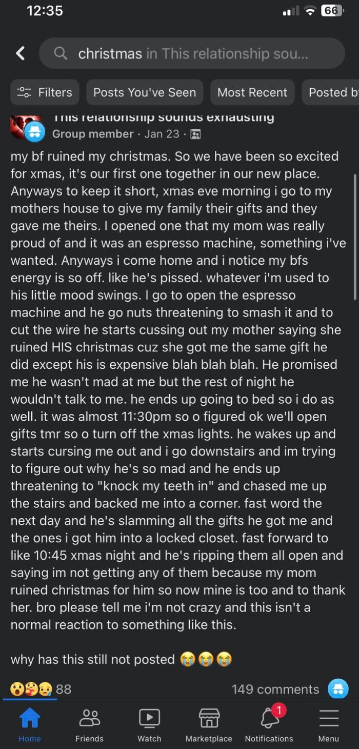 Screenshot of a social media post in a group about an exhausting and difficult relationship experience during Christmas.