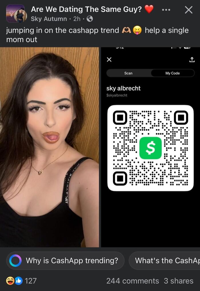 Single mom posing for a selfie beside her CashApp QR code, highlighting entitled single moms not paying for anything trend.